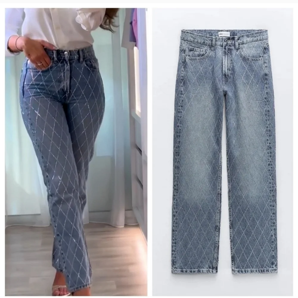 Zara RHINESTONE JEWEL STRAIGHT JEANS BLUE Size 2/26